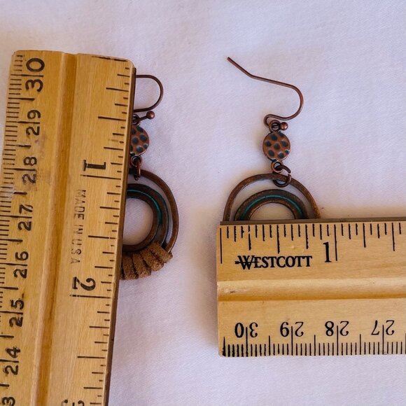 Bohemian Style Copper Toned Earrings 2"' L Blue and Suede Womens Hypoallergenic - Picture 4 of 4